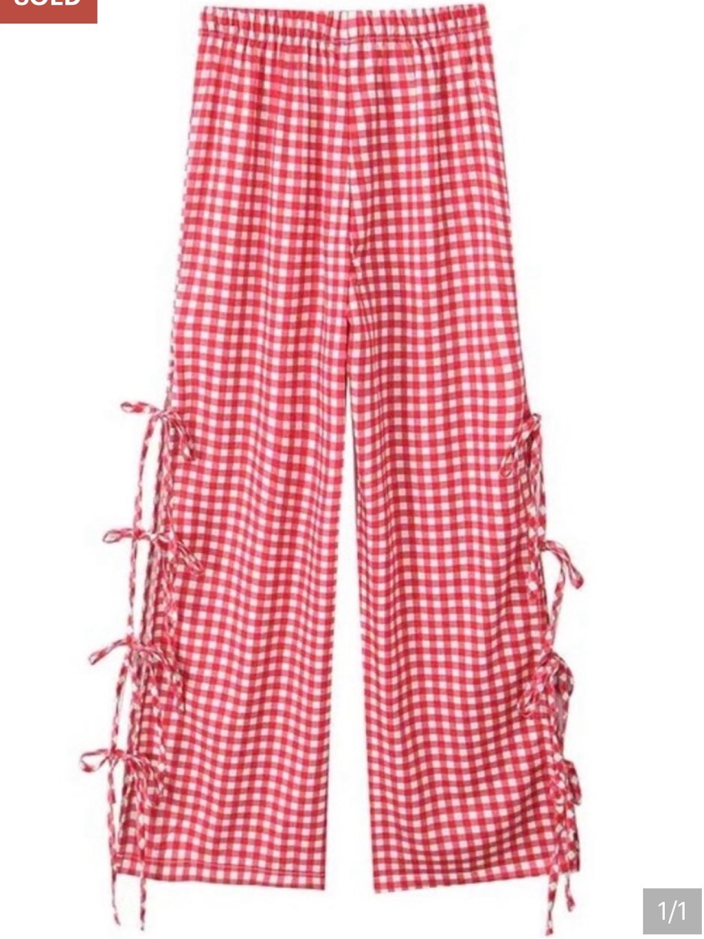 New Red Gingham Tie-Side Wide-Leg Pants